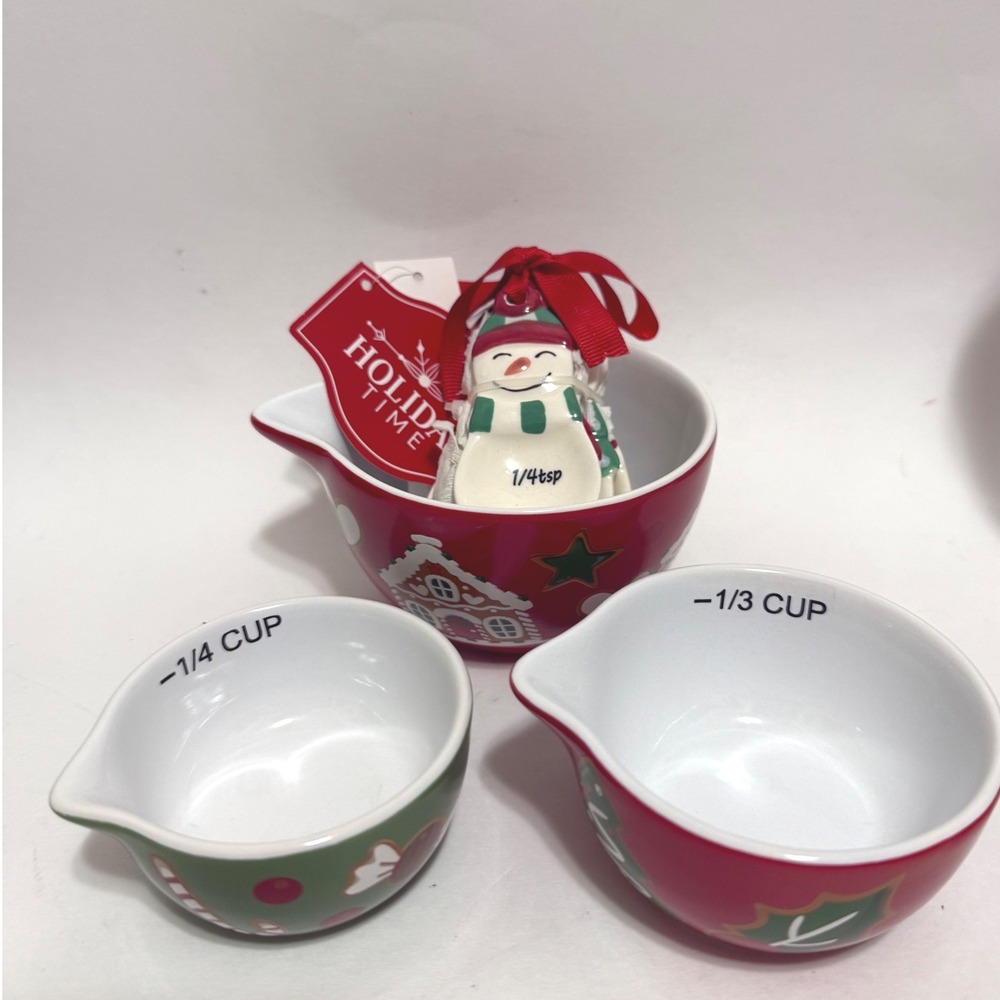 Holiday Time Christmas Ceramic Measuring Cup and Snowman Spoon Set 7pc Red Green